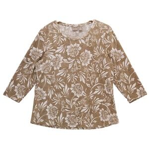 Chicos Floral Print 3/4 Sleeve Top Tan White Women's Blouse Size 2 L